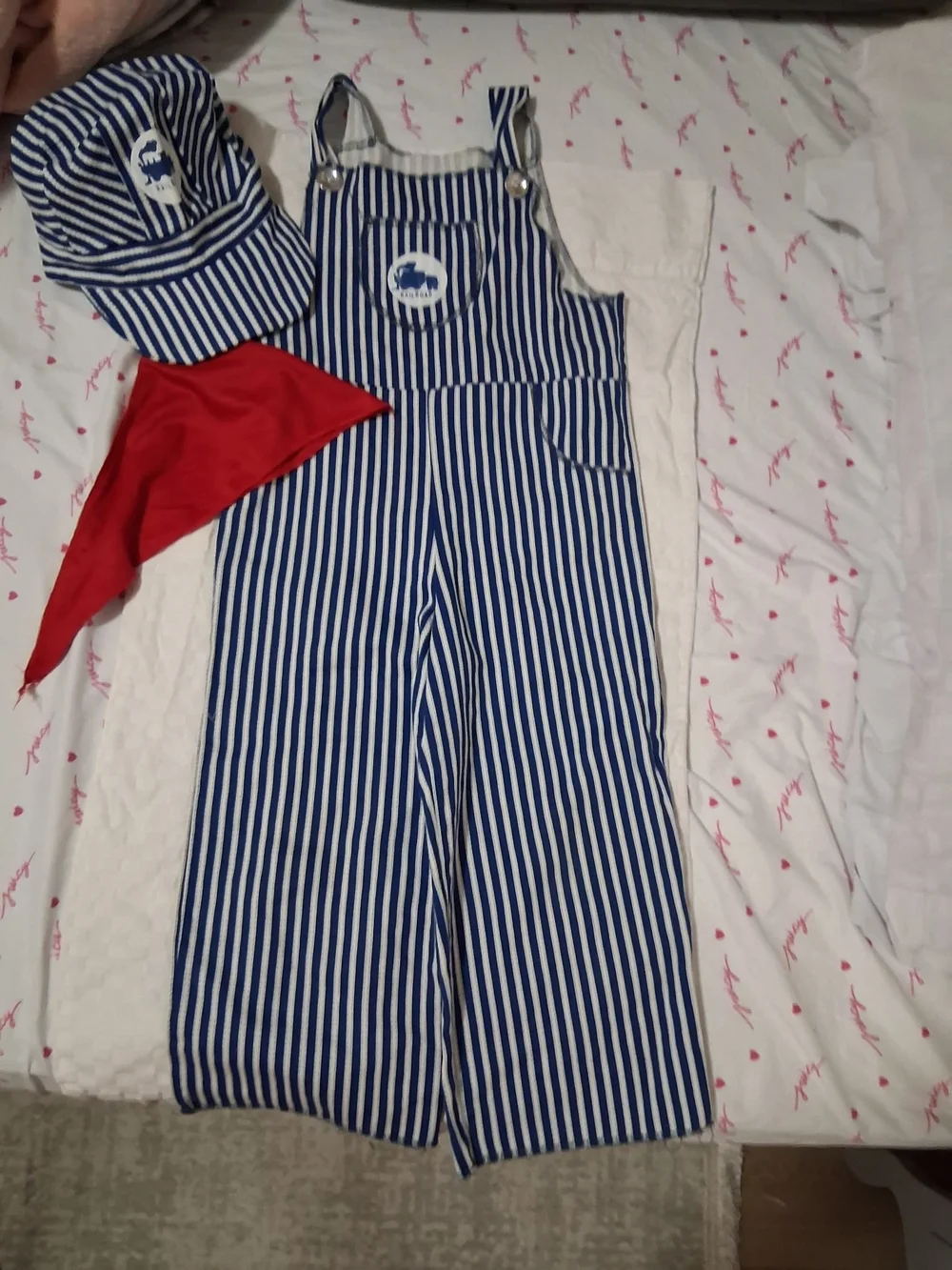 Kids Blue & White Striped Train Conductor Overalls with Red Bandana